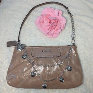 Coach Shimmery Taupe Shoulder Bag with Silver Heart Charm Chain